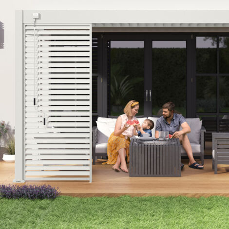 Ombrea – Pergola bioclimatique adossée 3x4M – Aluminium blanc RAL 9016 – Lames orientables jusqu'à 135° – Surface 12 m²