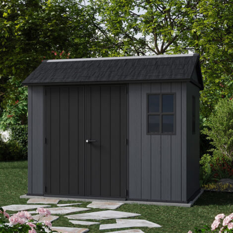 Keter – Abri de jardin Newton Plus 975 – 5,7 m² – Gris aspect bois – Panneaux Evotech résistants aux intempéries – Double porte avec fenêtres