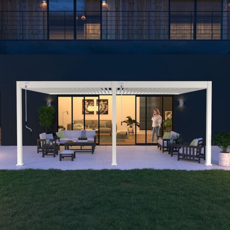 Ombrea – Pergola bioclimatique adossée 4x6M – Aluminium blanc RAL 9016 – Lames orientables jusqu'à 135° – Résistance au vent 100 km/h