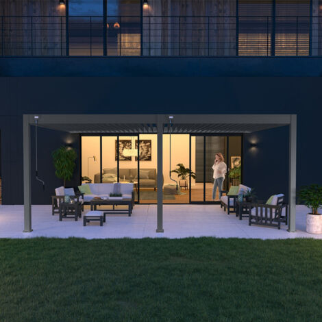 Ombrea – Pergola bioclimatique adossée 4x6M – Aluminium anthracite – Lames orientables jusqu'à 135° – Résistance au vent 100 km/h