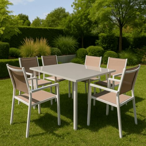 Chalet & Jardin – Table de jardin PRIMAVERA 150x90 cm – Armature acier – Plateau verre trempé – Traitement anti-corrosion et anti-UV – Coloris gris clair/taupe (1/5)