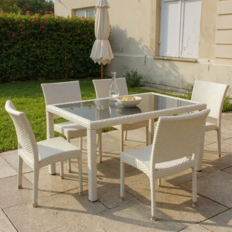 Table de jardin haute 6 couverts – Aluminium blanc – Plateau en verre trempé 160x90 cm – Résine tressée anti-UV