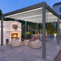 Ombrea – Pergola bioclimatique autoportante 4x6M – Aluminium anthracite et blanc – Lames orientables jusqu'à 135° – Résistance vent 100 km/h