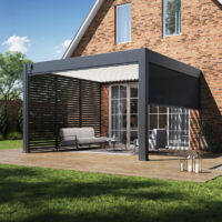 Ombrea – Pergola bioclimatique adossée 4x4m – Aluminium anthracite et blanc – Lames orientables jusqu'à 135° – Résistance au vent 100 km/h