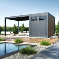 Ombrea – Abri de jardin pour pergola bioclimatique autoportée 3M – Aluminium et bois composite – Portes vitrées pour lumière – Système de verrouillage sécurisé