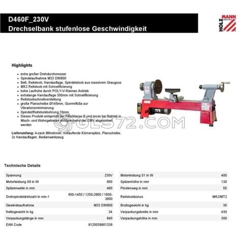 TORNO PARA MADERA HUSILLO M33 INDICATOR DIGITAL VELOCIDAD HOLZMANN D460FXL