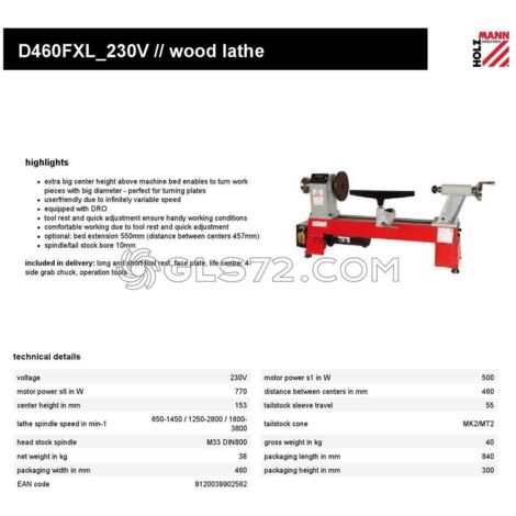 TORNO PARA MADERA HUSILLO M33 INDICATOR DIGITAL VELOCIDAD HOLZMANN D460FXL