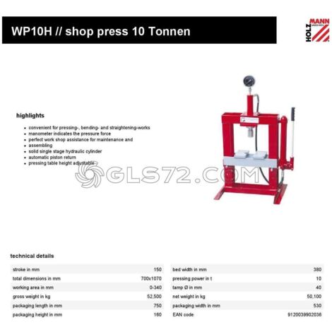 PRENSA DE TALLER HIDRAULICA MANUAL DE BANCO 10 TONELADAS HOLZMANN WP10H