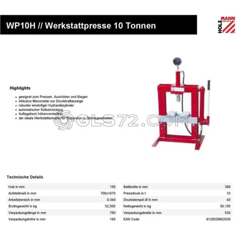 PRENSA DE TALLER HIDRAULICA MANUAL DE BANCO 10 TONELADAS HOLZMANN WP10H
