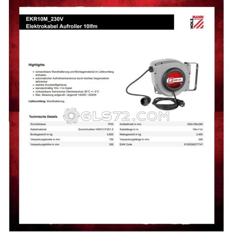 CARRETE DE CABLE ELECTRICO CON AUTOMATICA RETRACTIL 230V 10 M HOLZMANN EKR10M