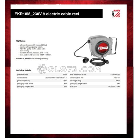 CARRETE DE CABLE ELECTRICO CON AUTOMATICA RETRACTIL 230V 10 M HOLZMANN EKR10M
