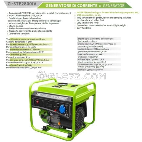 GENERADOR GASOLINA INVERTER PORTÁTIL 3200W 230V ZIPPER ZI-STE2800IV