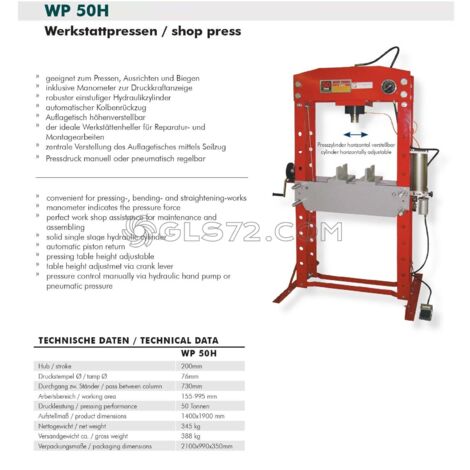 PRENSA HIDRAULICA MANUAL Y NEUMATICA DE TALLER GARAGE 50 TON HOLZMANN WP50H