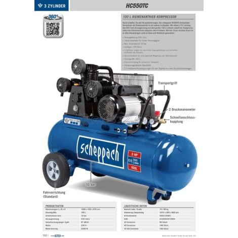 COMPRESOR DE AIRE 100 LITROS 3 HP 2200W 3 CILINDROS SCHEPPACH HC550TC 230V