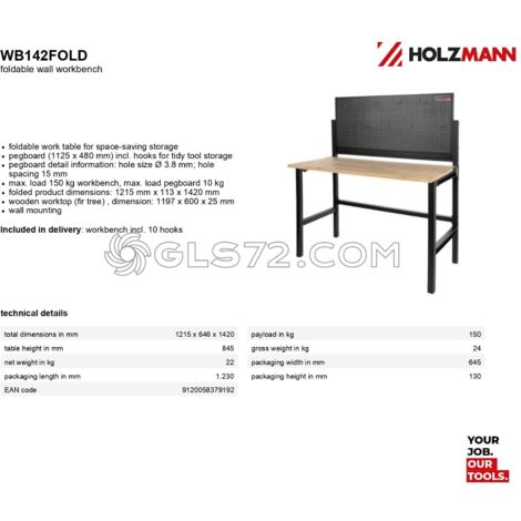 Banco de trabajo plegable taller herramientas HOLZMANN wb142fold