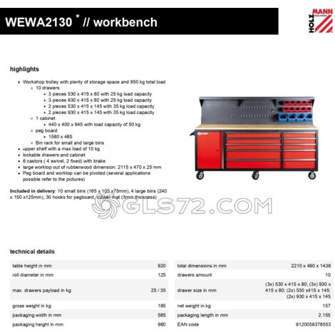 Banco de trabajo con 10 cajones y panel herramientas HOLZMANN wewa2130