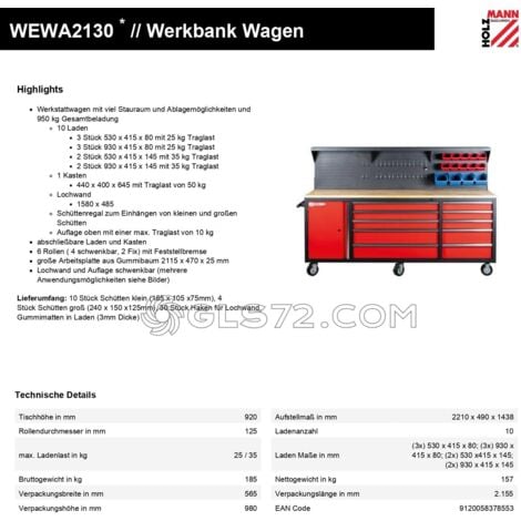 Banco de trabajo con 10 cajones y panel herramientas HOLZMANN wewa2130