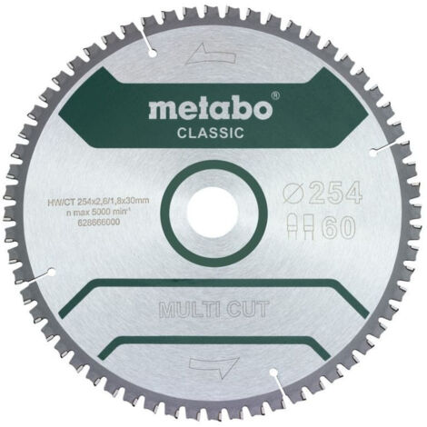 Metabo – Lame de scie circulaire 254x30 mm – 60 dents pour bois dur et aluminium – Couper sans éclat – 628285000