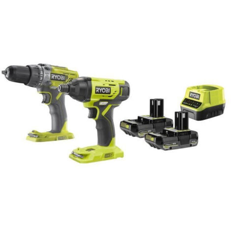 Pack 2 outils - RYOBI - Perceuse-visseuse a percussion 2 vitesses + 1 visseuse a chocs - 2 batteries - Chargeur
