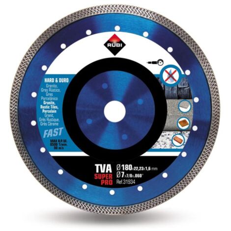 Rubi – Disque diamant turbo 180mm 31934 – Coupe granit et grès cérame – Épaisseur 1,6mm – Max 8500 RPM - TVA-180