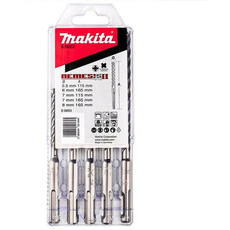 Makita – Coffret de 5 forets carbure SDS-Plus 5.5 à 8 mm – Perçage béton armé et maçonnerie – Évacuation améliorée des débris - B-59003