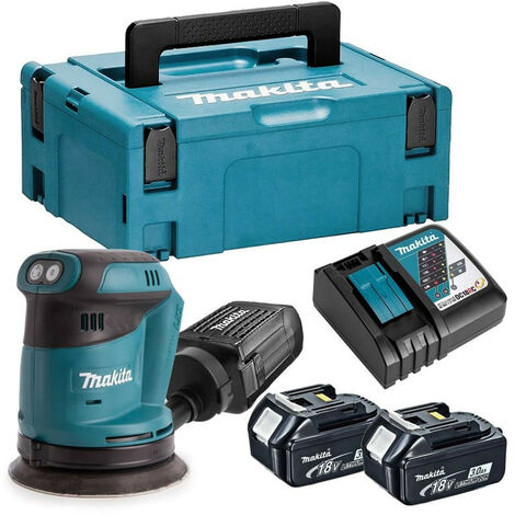 Makita – Ponceuse excentrique 18V LXT avec 2 batteries 3.0Ah – Technologie d'aspiration intégrée – Ergonomie Soft Grip pour confort – Pour ponçage bois dur - DBO180RFJ