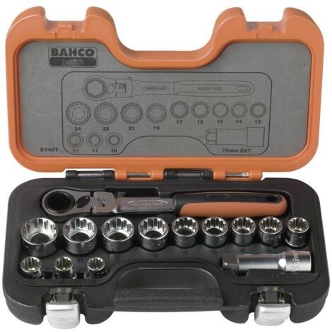 Bahco – Jeu de clés à douille 14 pièces S140T – Acier allié haute performance – Douilles traversantes 10-24 mm – Cliquet 72 dents pour espaces restreints - X083111