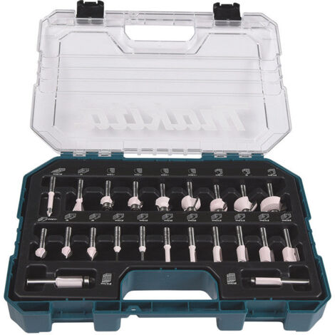 Makita – Coffret de fraises pour défonceuse et affleureuse – D74778 – 22 pièces Ø8 mm – Pour rainures et chanfreins sur bois dur