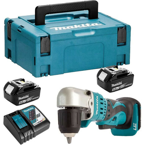 Makita – Perceuse d'angle 18V avec 2 batteries 5Ah – Moteur quadripôle – Couple 10,3Nm pour perçage bois et acier – Coffret MAKPAC – DDA351RTJ