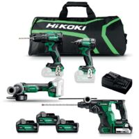 Hikoki – Pack de 4 outils électroportatifs 18V – Perceuse, meuleuse, perforateur, visseuse – 3 batteries 5Ah avec indicateur – Sac de transport ergonomique