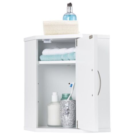 BATHROOM CORNER CABINET // WHITE WOODEN WALL-MOUNTED CUPBOARD WITH ADJUSTABLE SHELF (1/5)