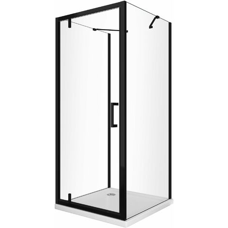 Cabine de douche à 3 côtés avec deux parois latérales fixes et une porte battante frontale roto-translante 8 mm H 200 en noir mat, mesure 100 (98-100) FIXE + PORTE 75 (73-76) (1/5)