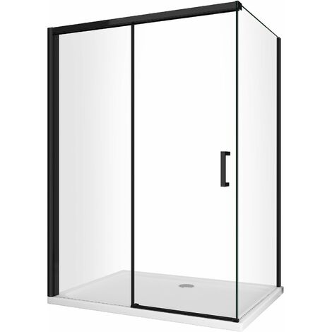 Douche d'angle avec paroi latérale fixe et porte frontale avec fermeture douce amortie H 200 8 mm cadre noir mat Cm 100 (98-100 ) x 150 (147-150) (1/5)