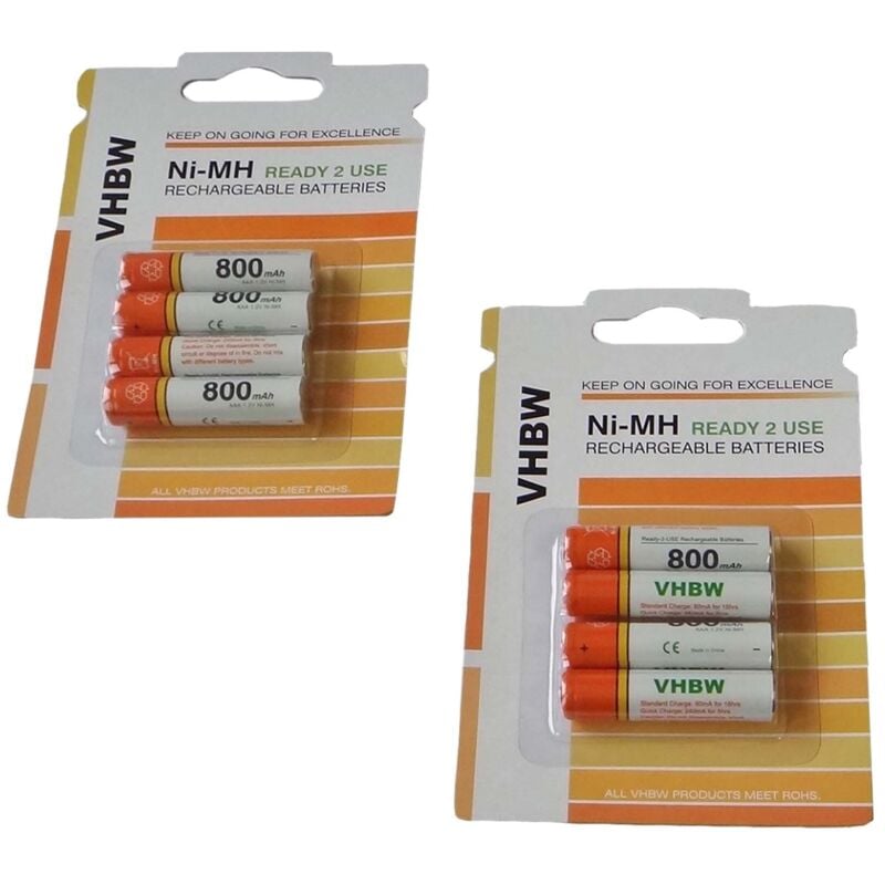 vhbw 8x AAA Micro Battery compatible with Siemens Gigaset S1, C455, E290 Duo, E36, C450, E365, C47h Wireless Landline Phone (800mAh, 1.2 V, NiMH)