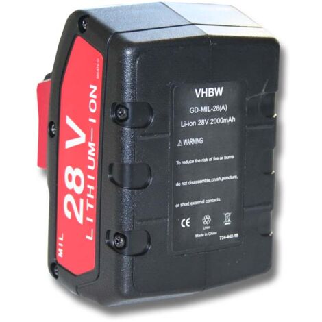 vhbw Battery compatible with Milwaukee HD28 AG 125, HD28 CS, HD28 H, HD28 HX, HD28 IW Electric Power Tools (2000 mAh, Li-Ion, 28 V) (1/2)