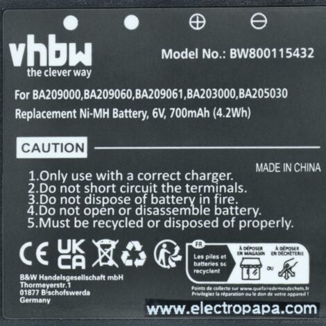 Batterie HBC FuB5AA 6V 700mAh NiMH - Remplacement Pour BA225000, FuB05XL, BA225030 - Neuf