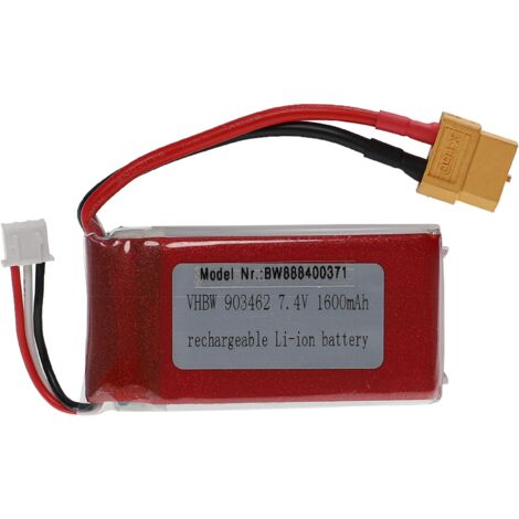 vhbw Battery compatible with XT60 Plug for Model Making Device e.g. Racing Car, Helicopter (1600mAh, 7.4 V, Li-polymer, 70 x 35 x 18 mm) (1/3)