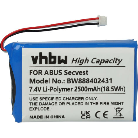 vhbw Replacement Battery compatible with ABUS Secvest FUAA50000, FUAA50100, FUAA50500 Alarm Units, Home Security (2500mAh, 7.4 V, Li-polymer)