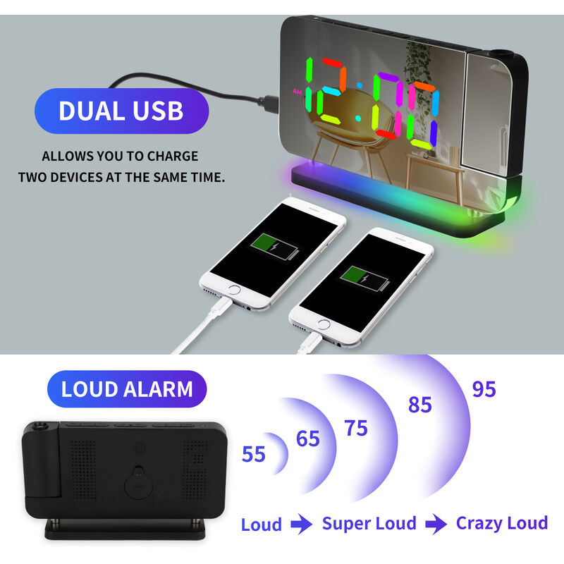 Sveglia a proiezione con luce notturna RGB Porta caricatore USB Orologio da  tavolo a LED colorato per accessori per la camera da letto