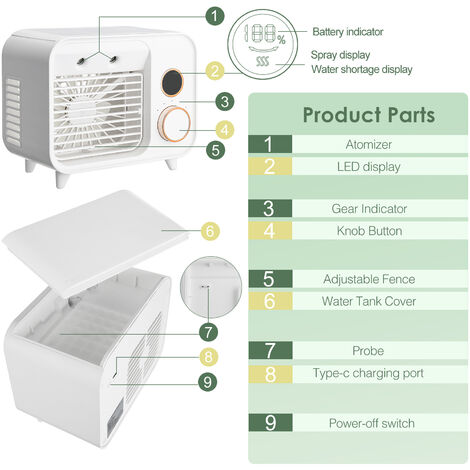 Mini condizionatore d'aria portatile USB con 5 velocità, ventilatore da  scrivania ricaricabile con luce notturna per dormire, esercizio fisico,  ufficio, all'aperto