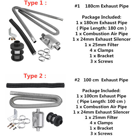 Tubo da 180 cm + silenziatore di scarico da 24 mm + kit filtro aria da 25  mm per riscaldatore ad aria