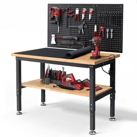 Etabli avec 2 Étagères 122x50.8cm, Réglable en hauteur, Table de Travail avec panneau perforé