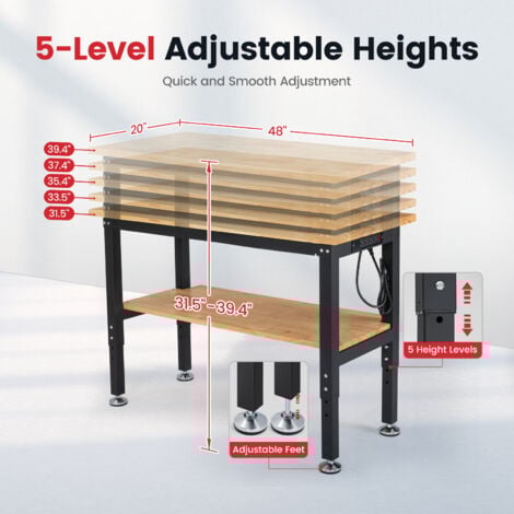 Etabli avec 2 Étagères 122x50.8cm, Réglable en hauteur, Table de Travail avec panneau perforé