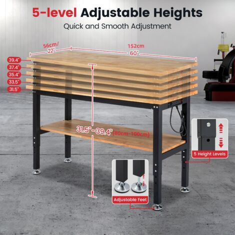 Etabli avec 2 Étagères 152x56cm, Réglable en hauteur, Table de Travail avec panneau perforé