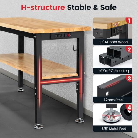 Etabli avec 2 Étagères 152x56cm, Réglable en hauteur, Table de Travail avec panneau perforé