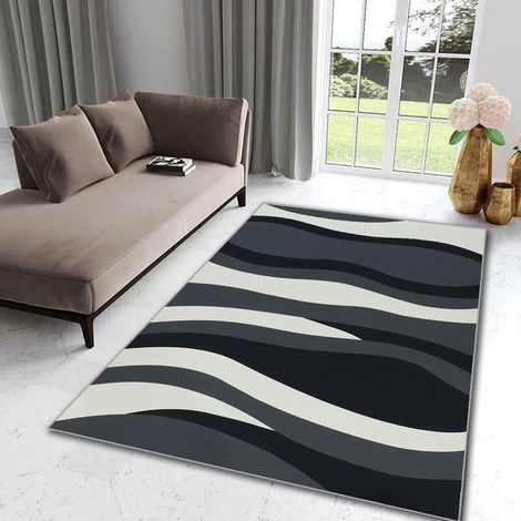 Tapis De Salon Chambre Design Moderne Motif De Vagues Noir Gris Blanc Salon Chambre