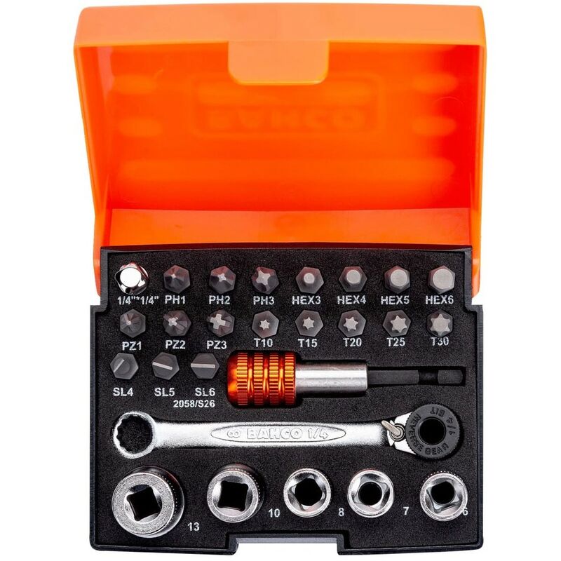 Bahco 2058/S26 26 Piece Ratchet Socket Bit Set 1/4in Drive PZ PH Hx Torx  Slotted