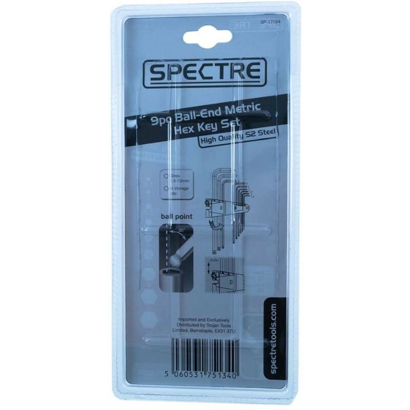 Spectre Ball End S2 Steel Hex Allen Key Set S2 Metric 1.5mm to
