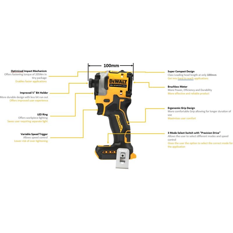 DEWALT DCF850NT-XJ 18V 1/4” 205Nm XR Brushless compact impact driver -  without battery