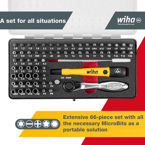 Wiha MicroBit set 65 pcs. incl. storage box (39971) I precision mechanics screwdriver set with bit holder, nut driver, ESD screwdriver handle, ratchet, handle extension and adapter